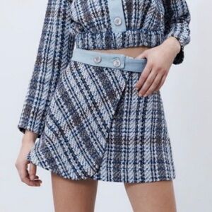 Zara Blue Tweed Textured Mini Skirt Contrast Denim Belt Size S